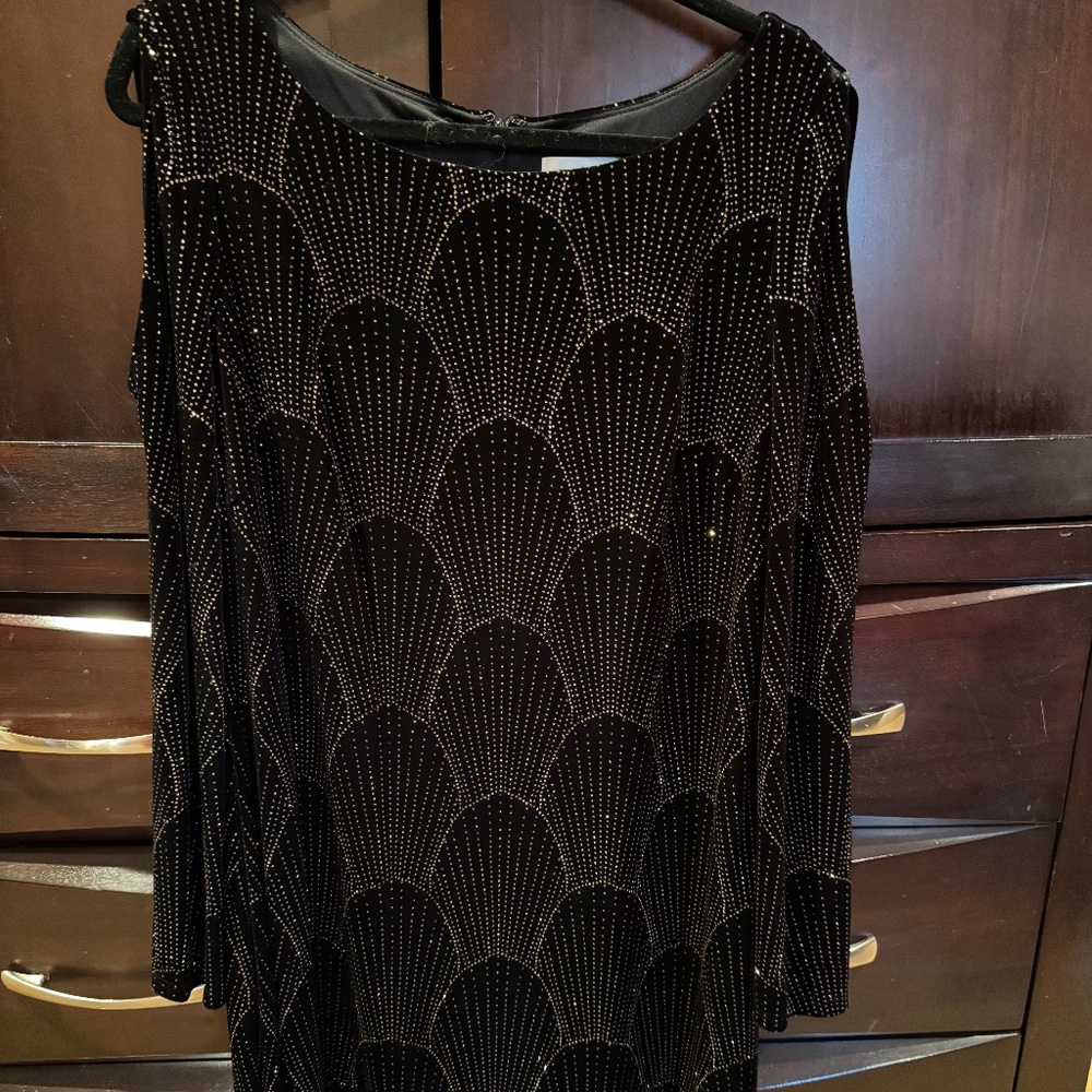 Black and goals beaded cold shoulder dress